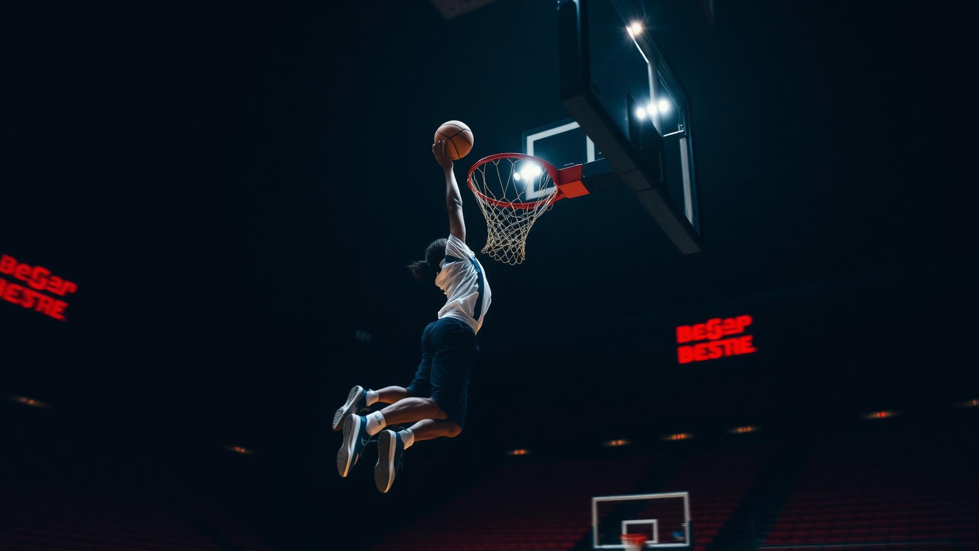Youth basketball player dunking under arena lights